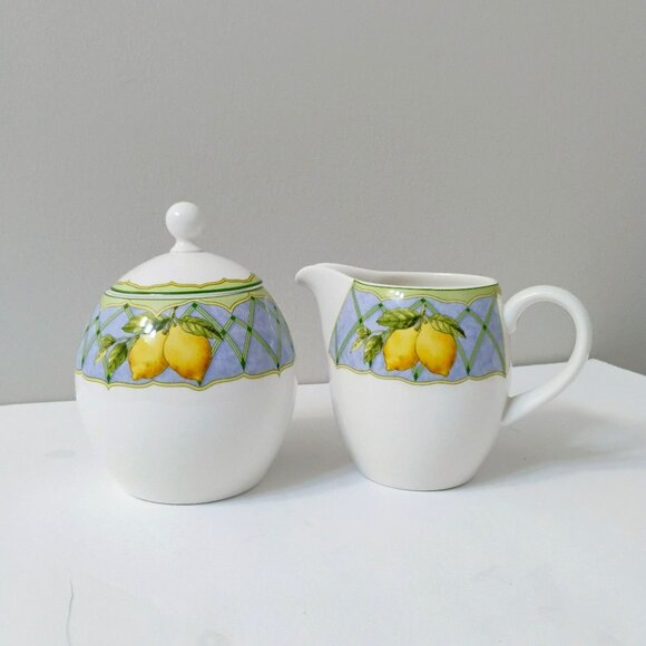 Mikasa Optima Fruit Rapture Covered Sugar Bowl & Creamer Set Lemons Cherries